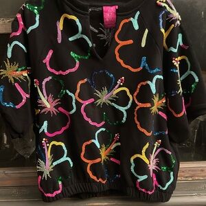 QUEEN OF SPARKLES QOS Black Bubble hem top and shorts M/L Neon Hibiscus 🌺 Design